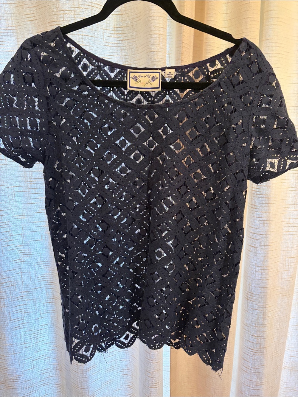 Navy Lace Cutout Short-Sleeve Blouse by